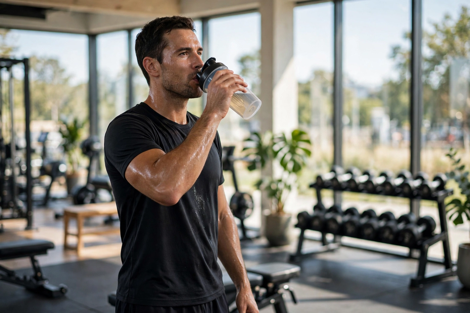 Athlete drinking from a shaker bottle in a bright gym after training